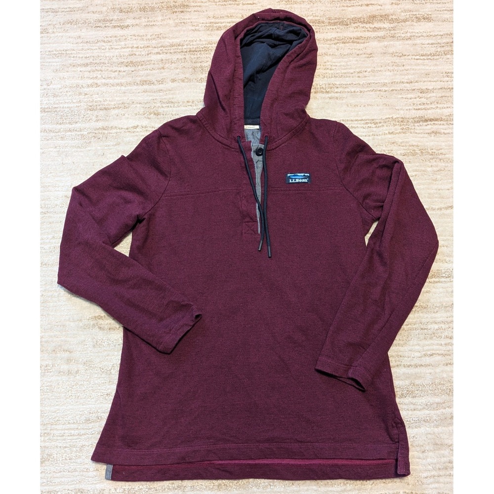 LL Bean Henley Hoodie Shirt Sz S Maroon Cotton 1/4‎ Button Neck Pullover 503603